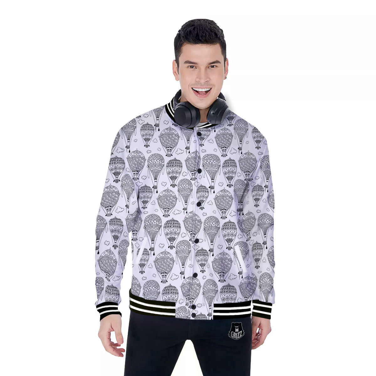 Balloon White And Black Print Pattern Baseball Jacket-grizzshop