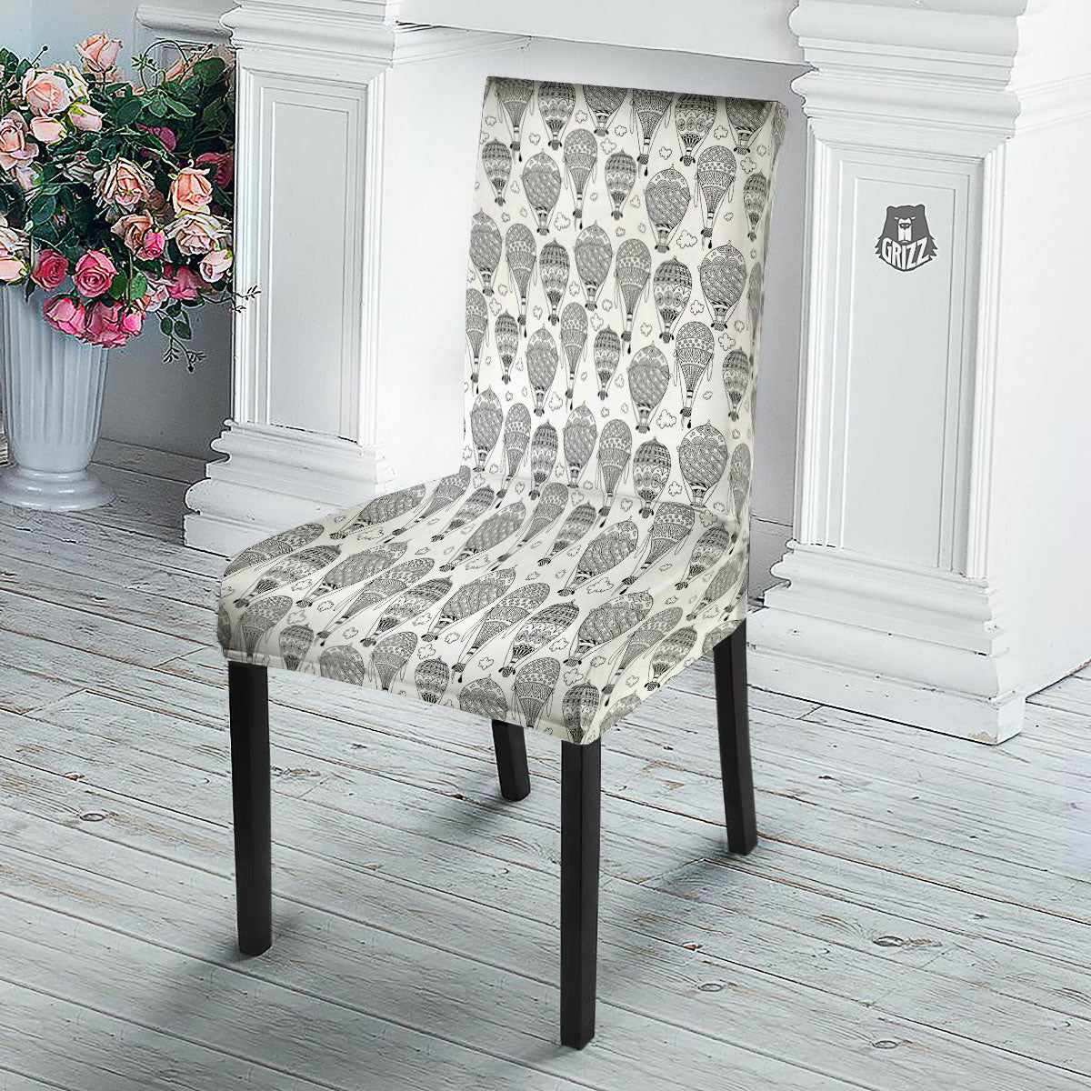 Balloon White And Black Print Pattern Dining Chair Slipcover-grizzshop