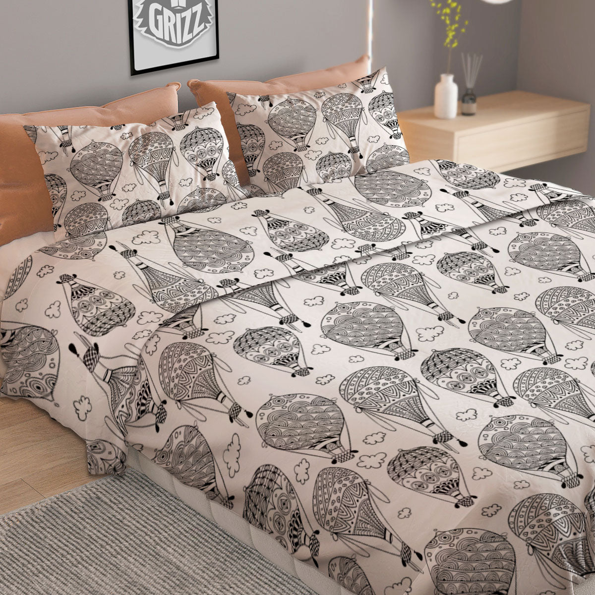 Balloon White And Black Print Pattern Duvet Cover Bedding Set