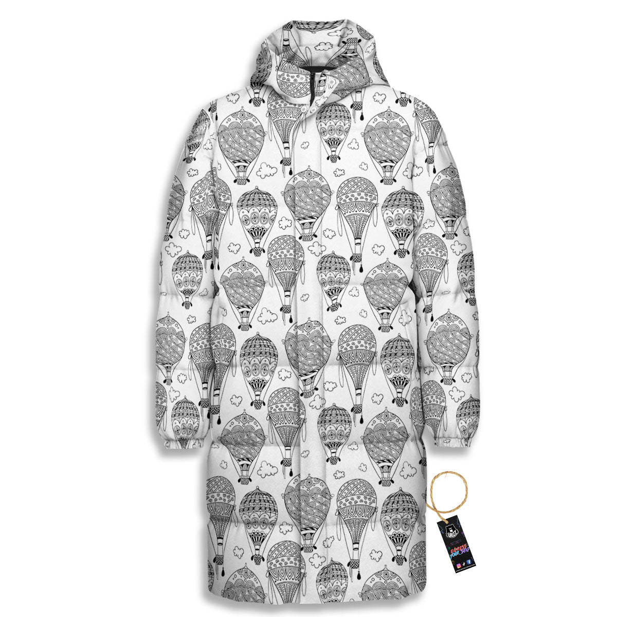 Balloon White And Black Print Pattern Long Down Jacket-grizzshop