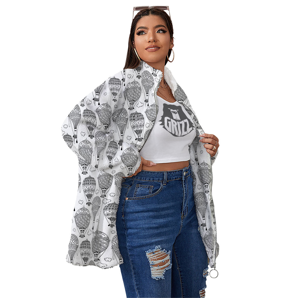 Balloon White And Black Print Pattern Women's Sherpa Jacket-grizzshop