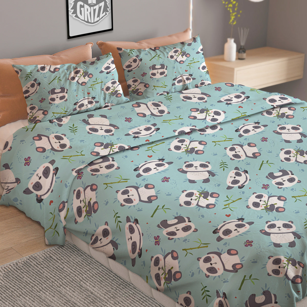 Bamboo And Cute Panda Print Pattern Duvet Cover Bedding Set