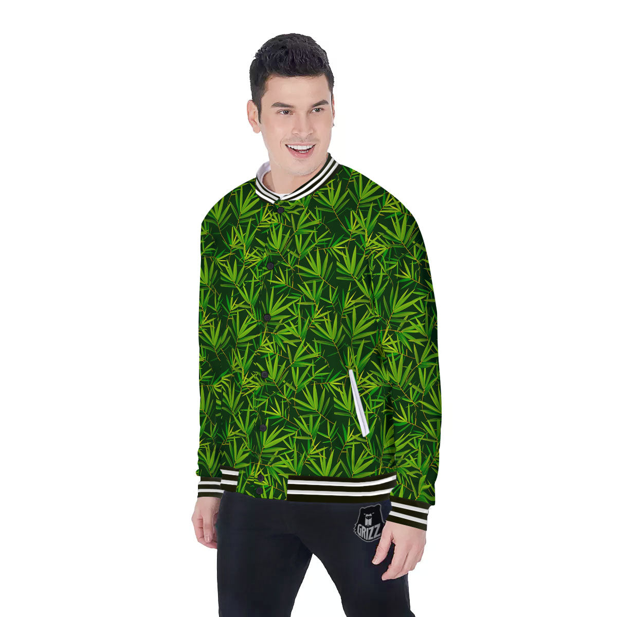 Bamboo Leaf Green Print Pattern Baseball Jacket-grizzshop