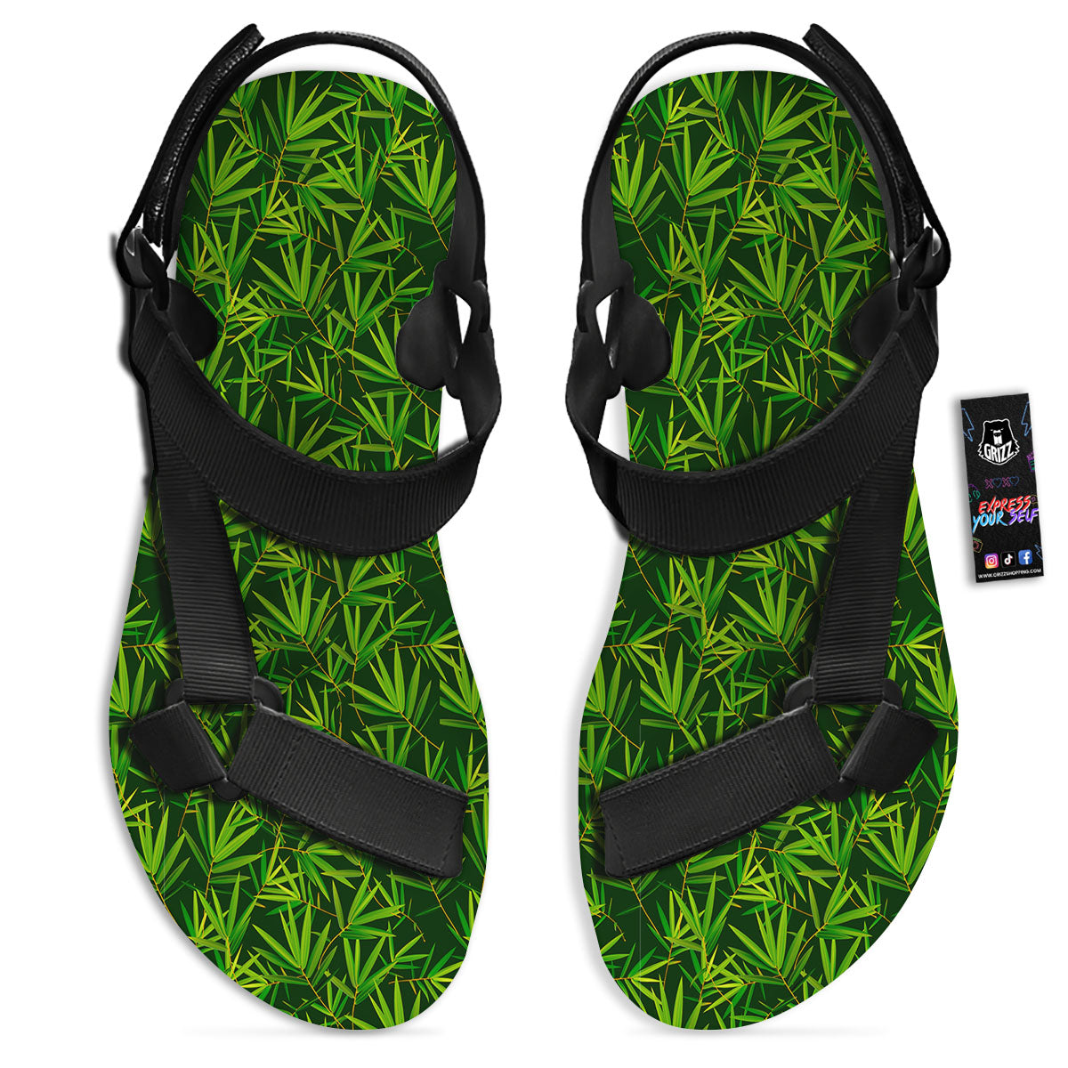 Bamboo Leaf Green Print Pattern Black Open Toe Sandals-grizzshop