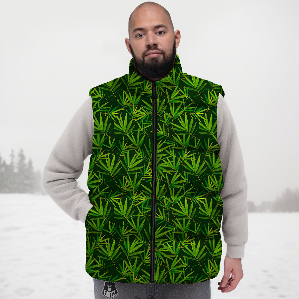 Bamboo Leaf Green Print Pattern Down Vest