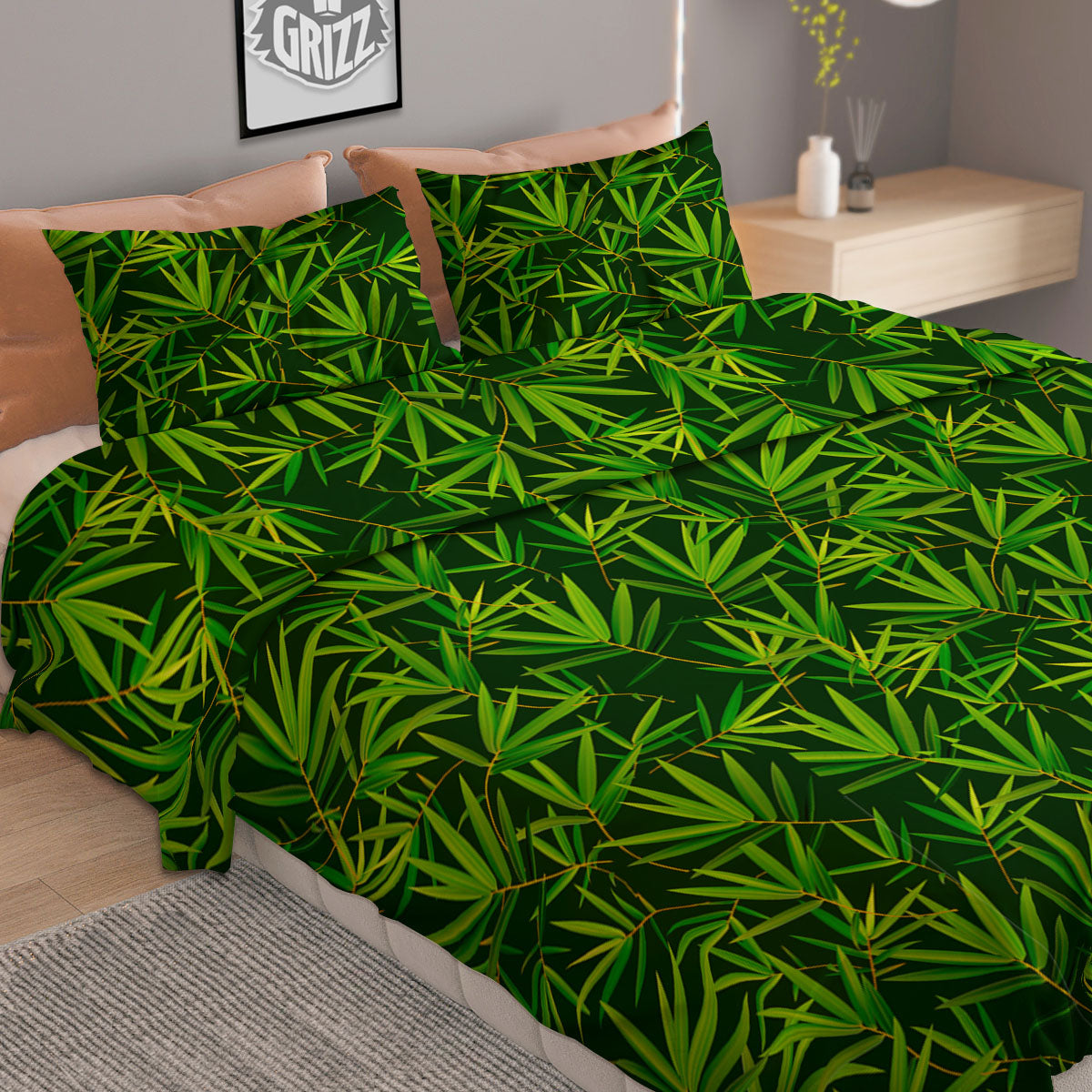 Bamboo Leaf Green Print Pattern Duvet Cover Bedding Set