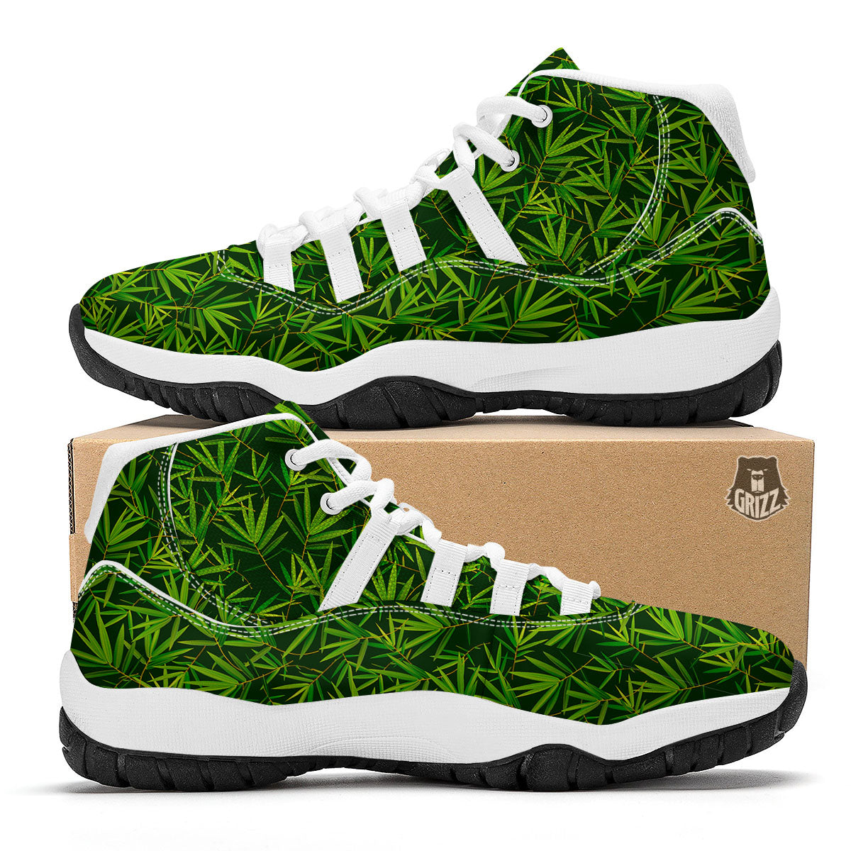 Bamboo Leaf Green Print Pattern White Bball Shoes-grizzshop