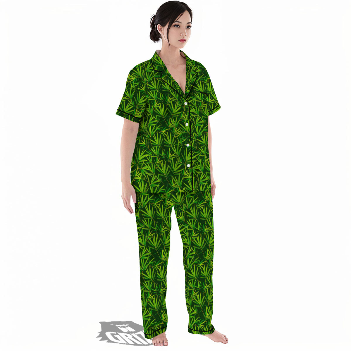 Bamboo Leaf Green Print Pattern Women's Pajamas Set-grizzshop