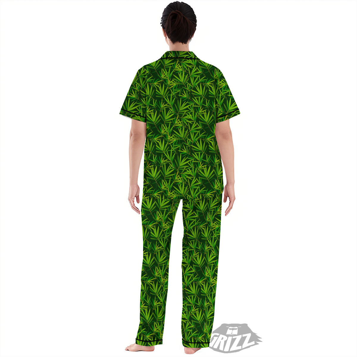 Bamboo Leaf Green Print Pattern Women's Pajamas Set-grizzshop