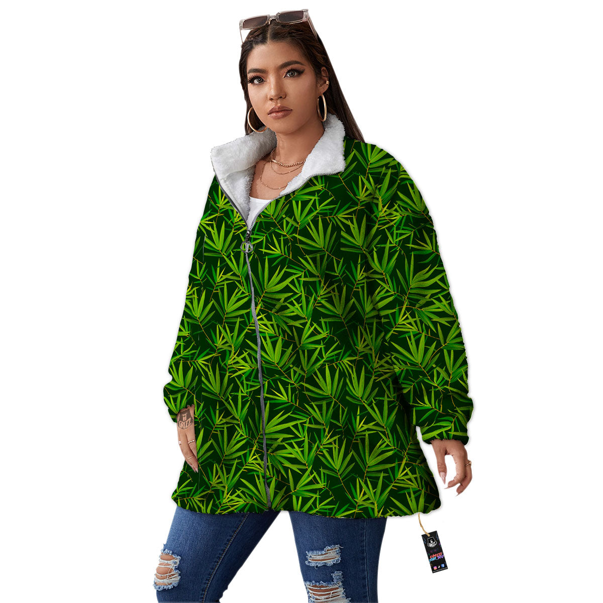 Bamboo Leaf Green Print Pattern Women's Sherpa Jacket-grizzshop