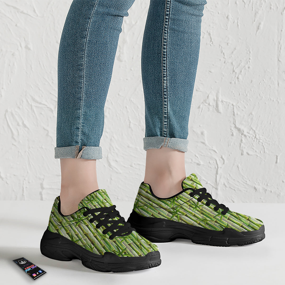 Bamboo Watercolor Print Pattern Black Chunky Shoes-grizzshop