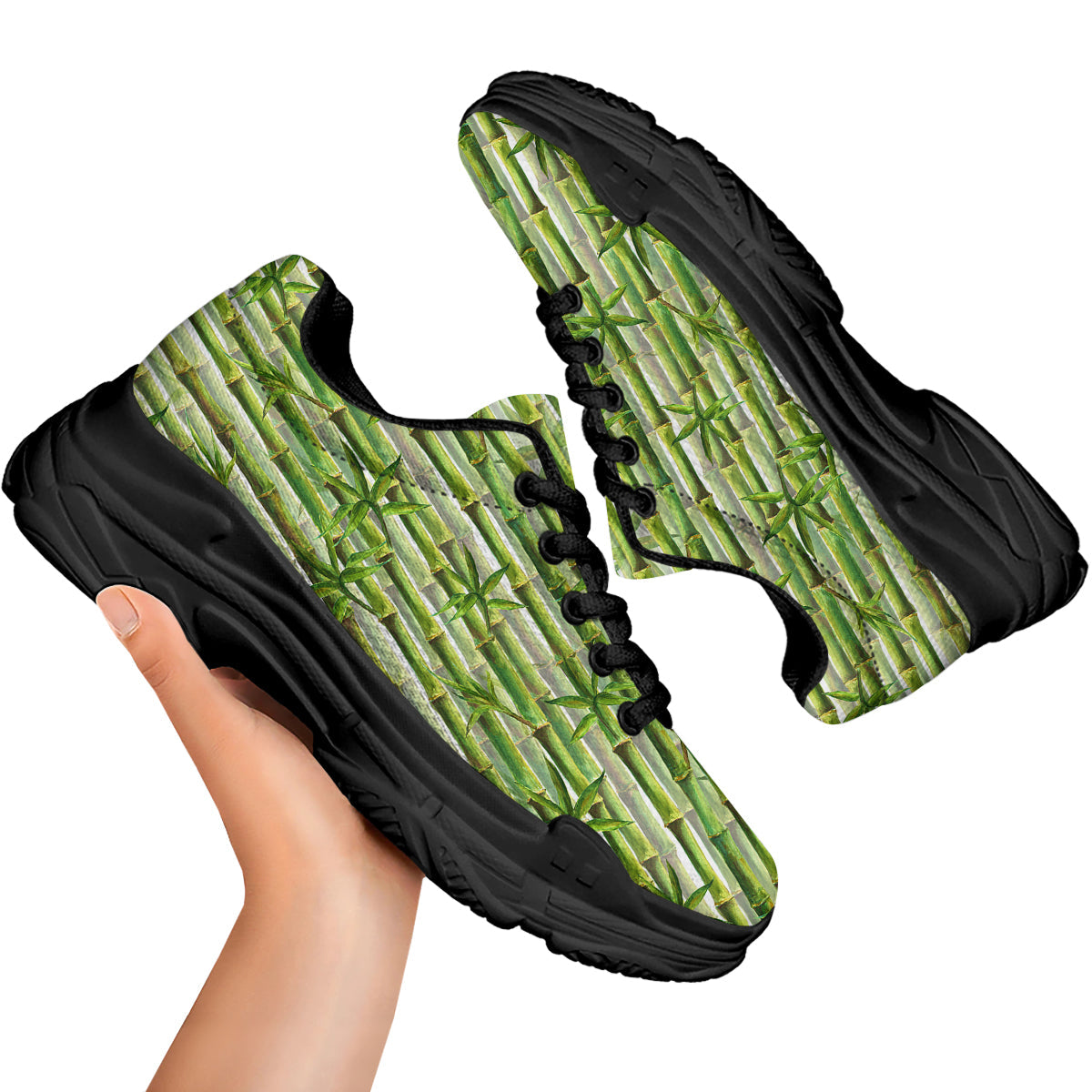 Bamboo Watercolor Print Pattern Black Chunky Shoes-grizzshop