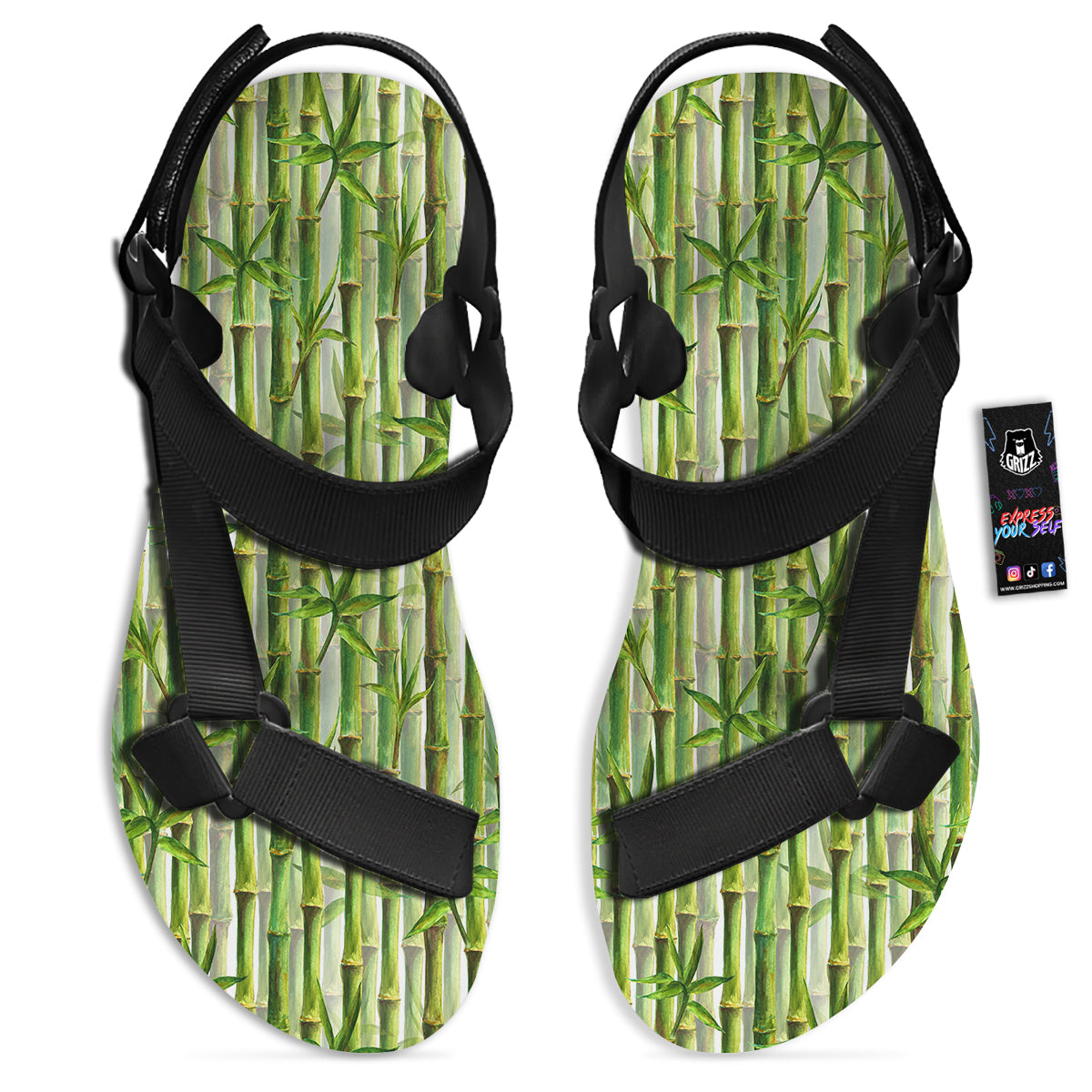 Bamboo Watercolor Print Pattern Black Open Toe Sandals-grizzshop
