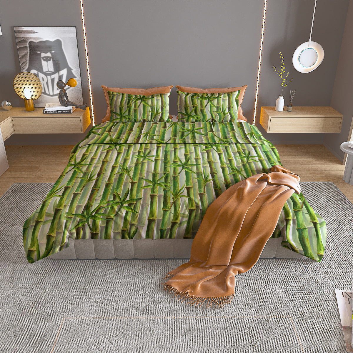 Bamboo Watercolor Print Pattern Duvet Cover Bedding Set
