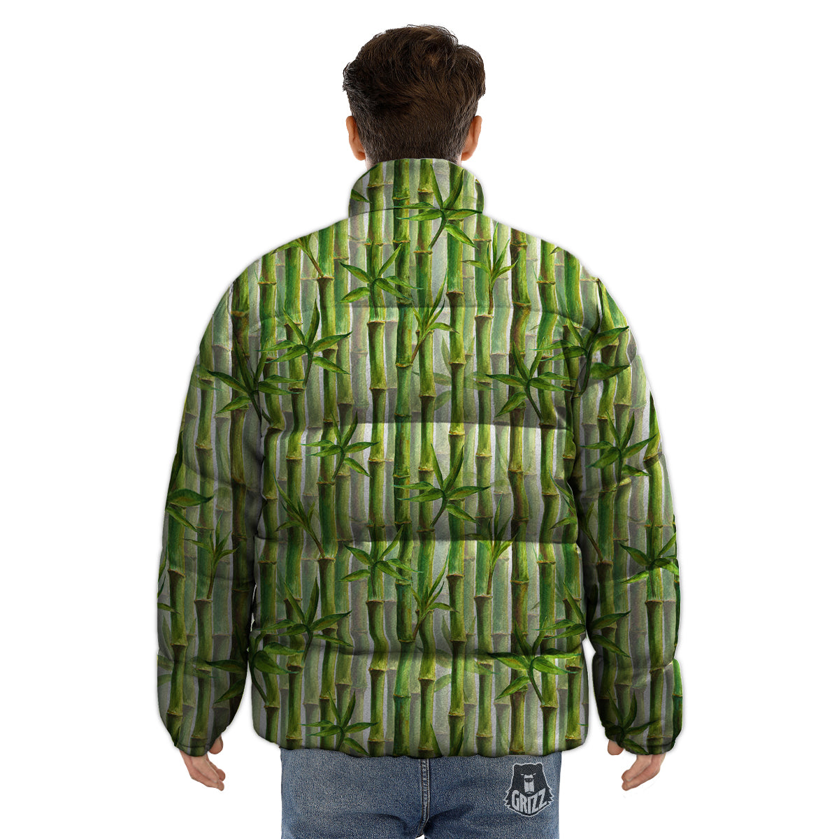 Bamboo Watercolor Print Pattern Puffer Jacket-grizzshop