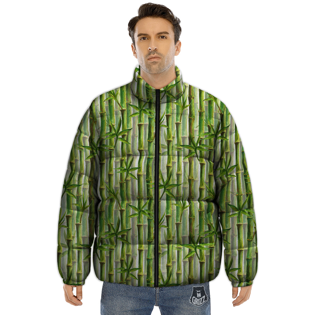 Bamboo Watercolor Print Pattern Puffer Jacket-grizzshop