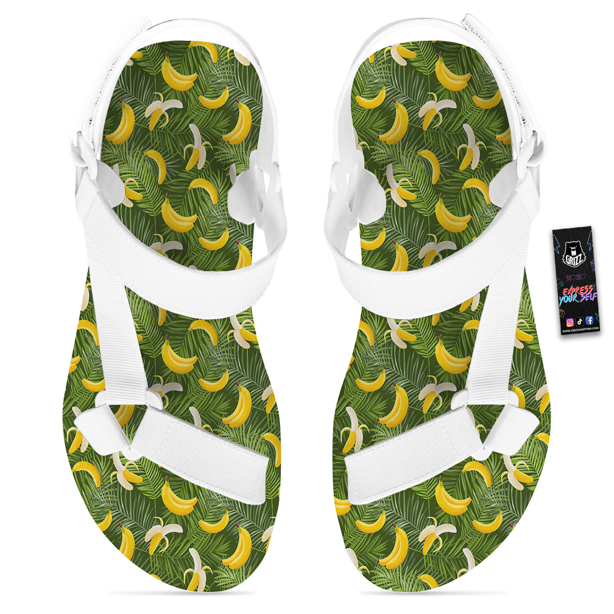 Banana Aloha Print Pattern White Open Toe Sandals-grizzshop