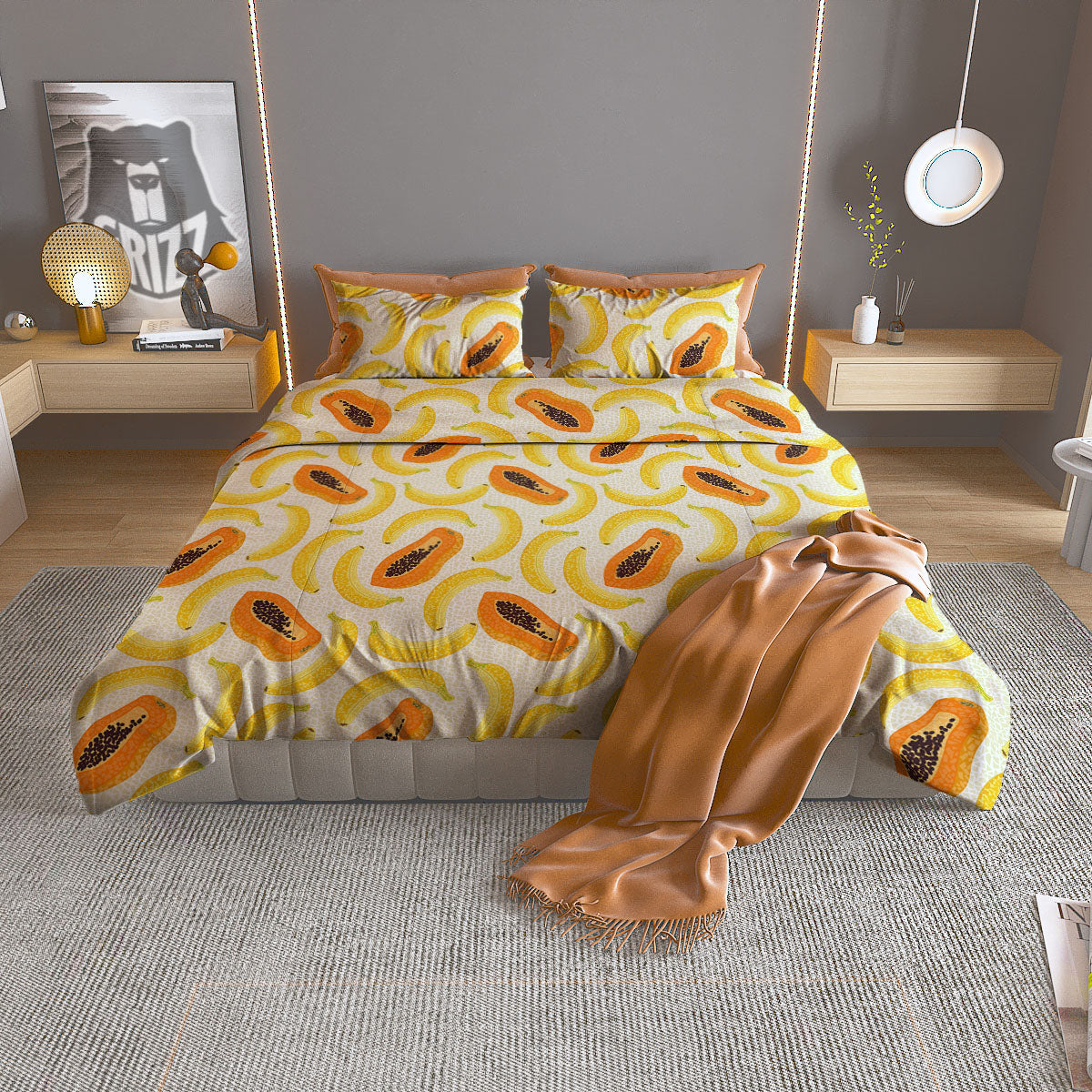 Banana And Papaya Print Pattern Duvet Cover Bedding Set