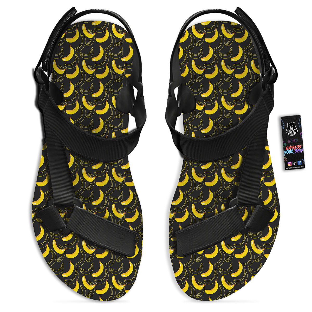 Banana Black Cartoon Print Pattern Black Open Toe Sandals-grizzshop