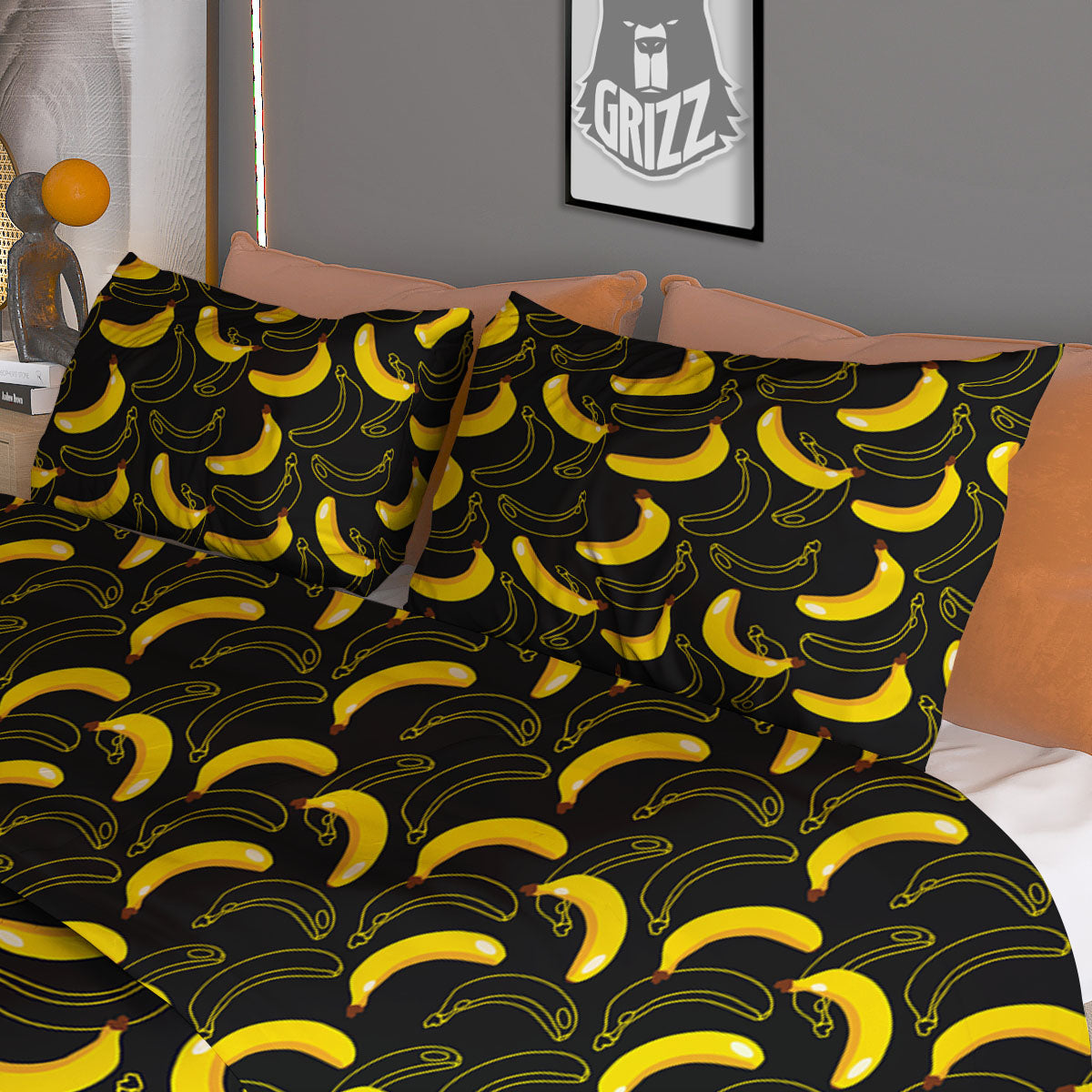 Banana Black Cartoon Print Pattern Duvet Cover Bedding Set