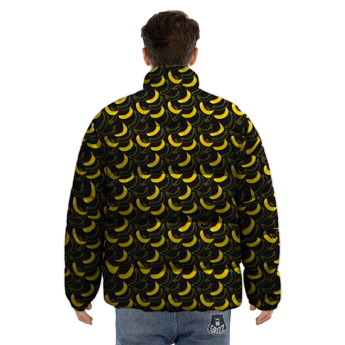 Banana Black Cartoon Print Pattern Puffer Jacket-grizzshop