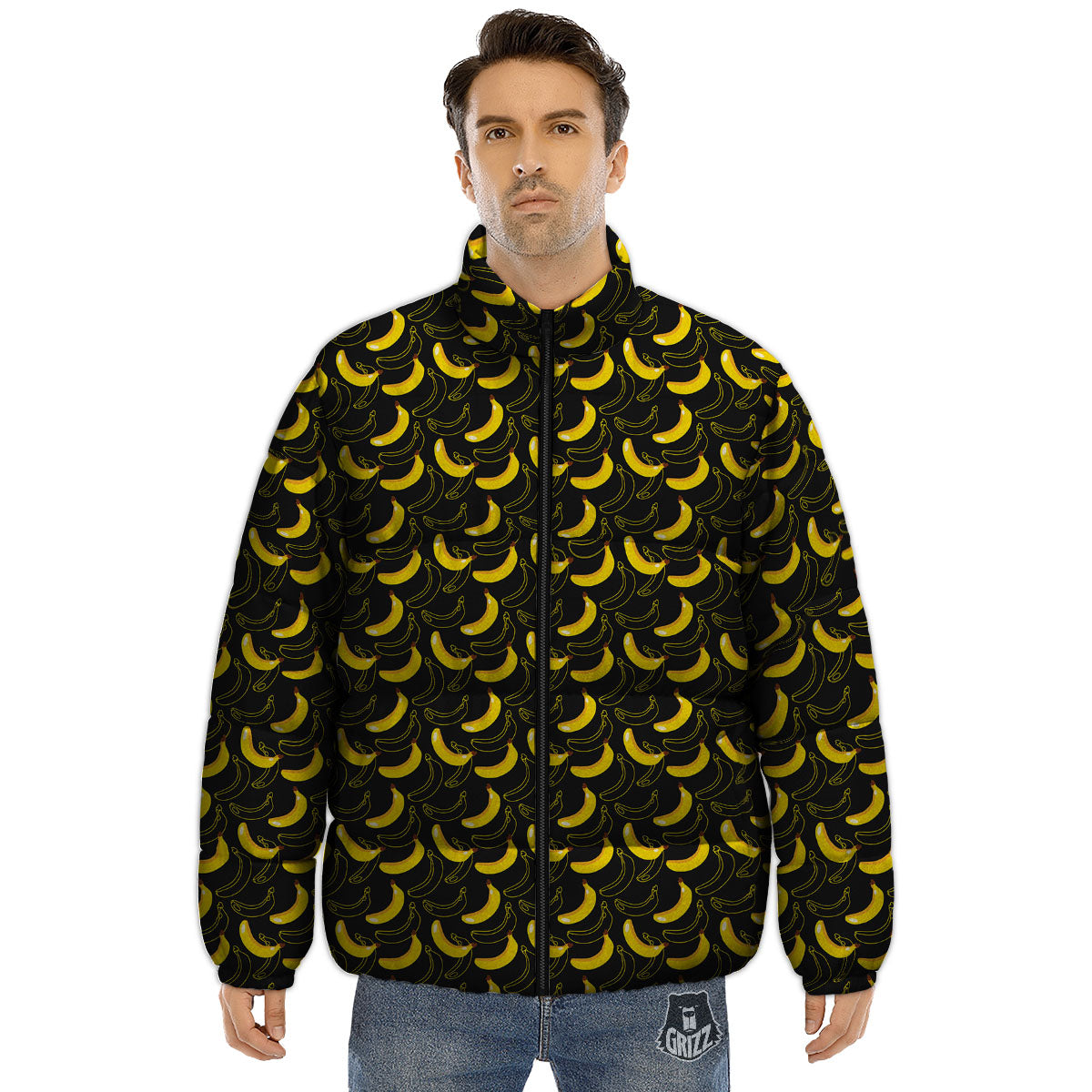 Banana Black Cartoon Print Pattern Puffer Jacket-grizzshop