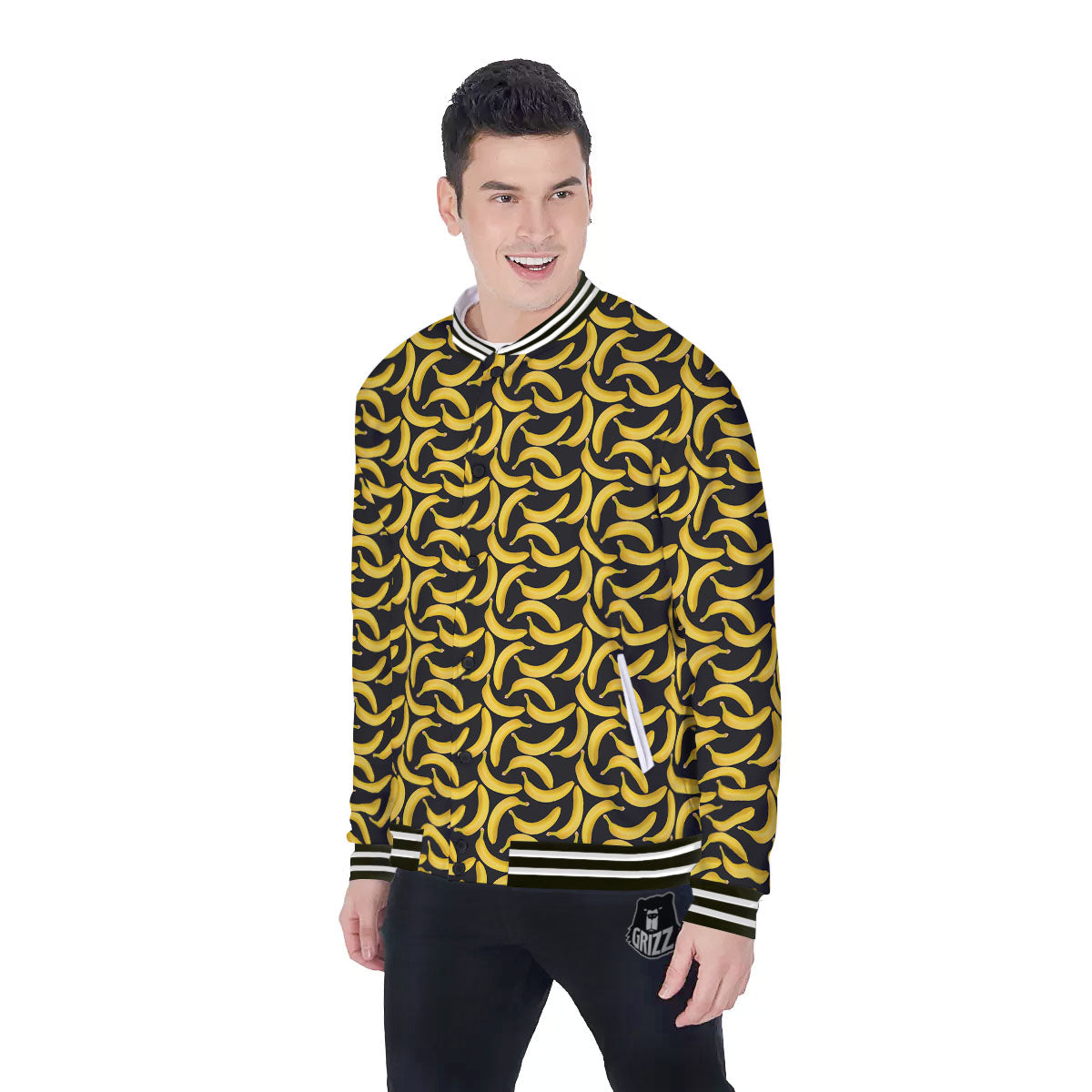 Banana Black Print Pattern Baseball Jacket-grizzshop