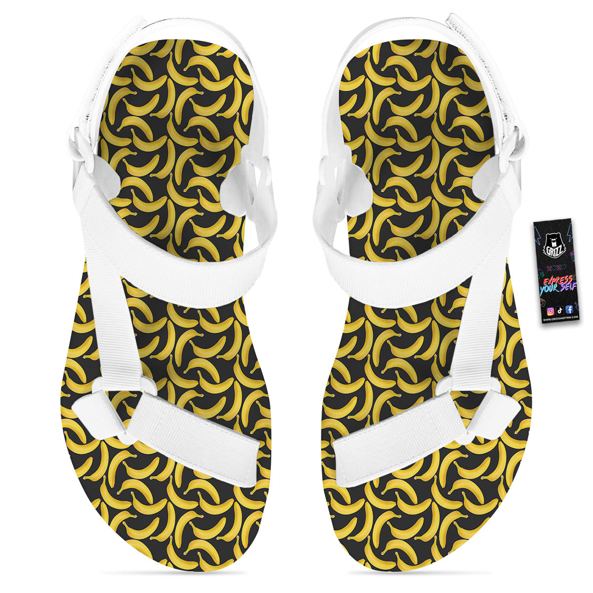 Banana Black Print Pattern White Open Toe Sandals-grizzshop