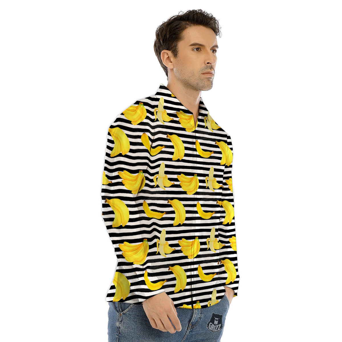 Banana Black Striped Print Pattern Men's Dress Shirts-grizzshop