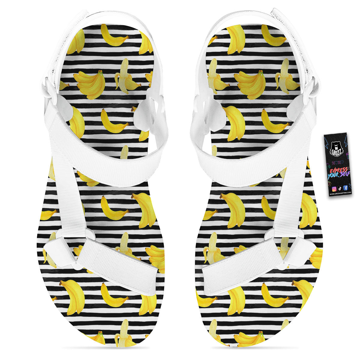 Banana Black Striped Print Pattern White Open Toe Sandals-grizzshop