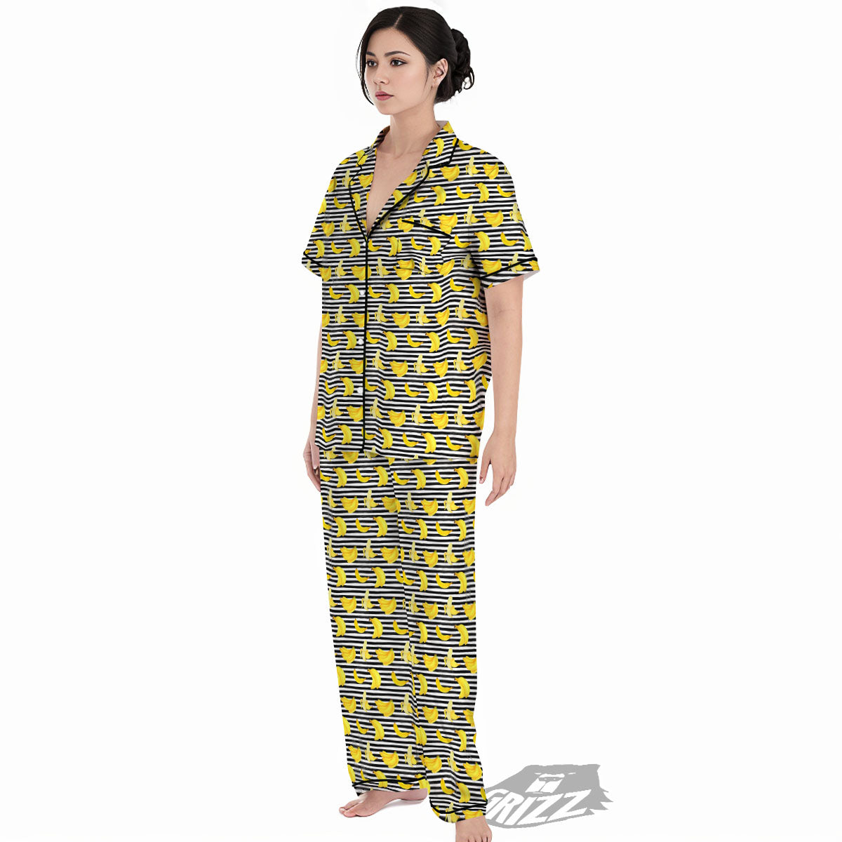 Banana Black Striped Print Pattern Women's Pajamas Set-grizzshop