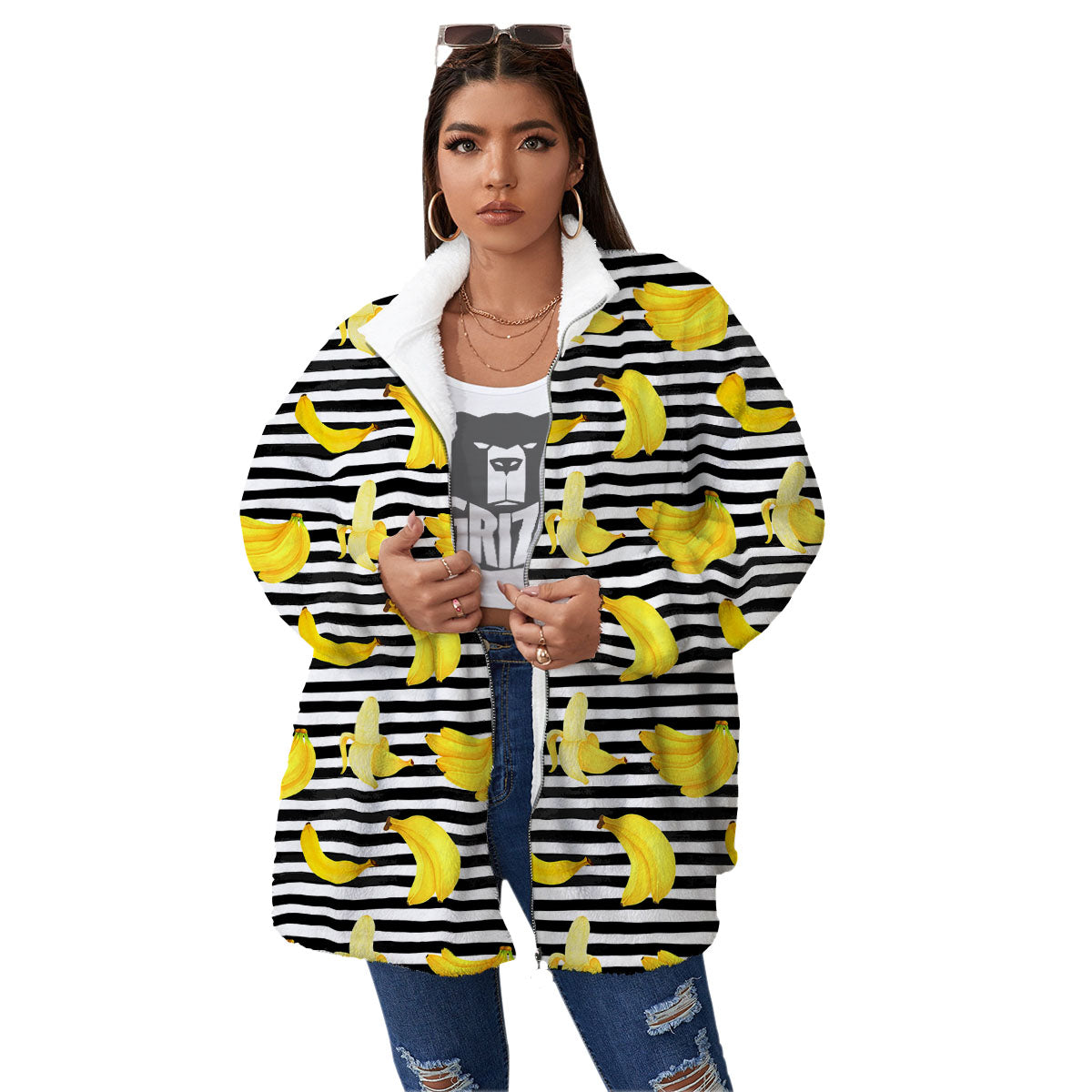 Banana Black Striped Print Pattern Women's Sherpa Jacket-grizzshop