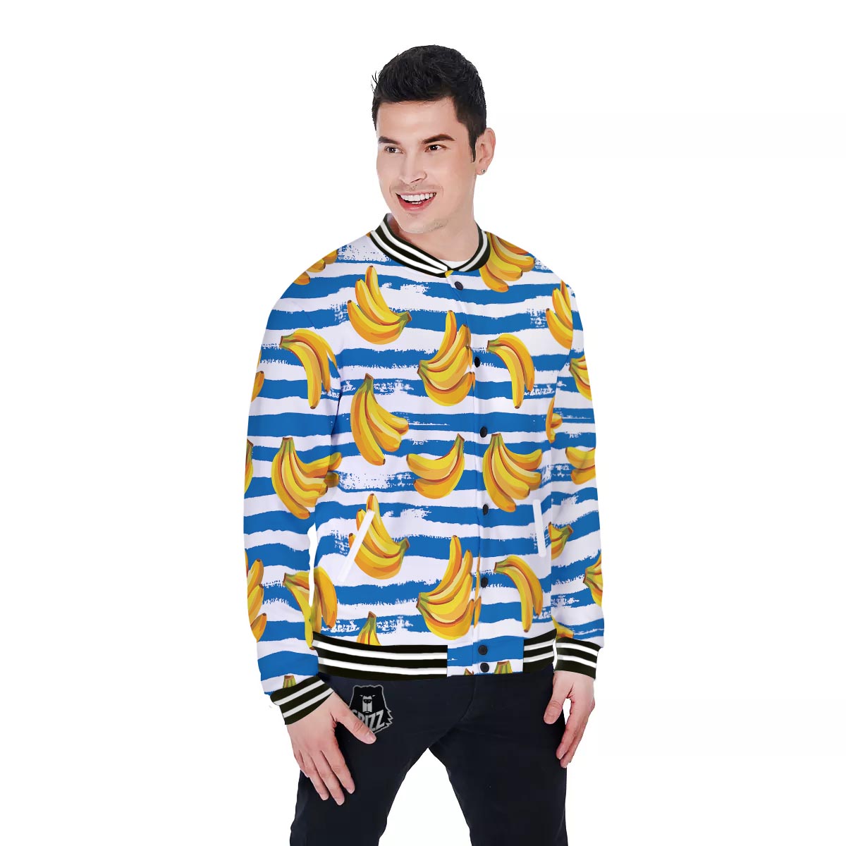 Banana Blue And White Striped Print Pattern Baseball Jacket-grizzshop