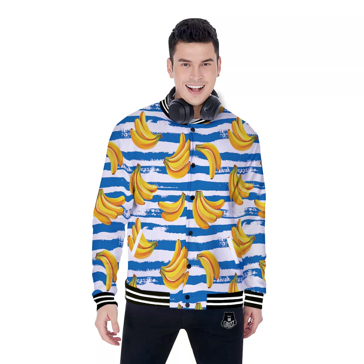 Banana Blue And White Striped Print Pattern Baseball Jacket-grizzshop