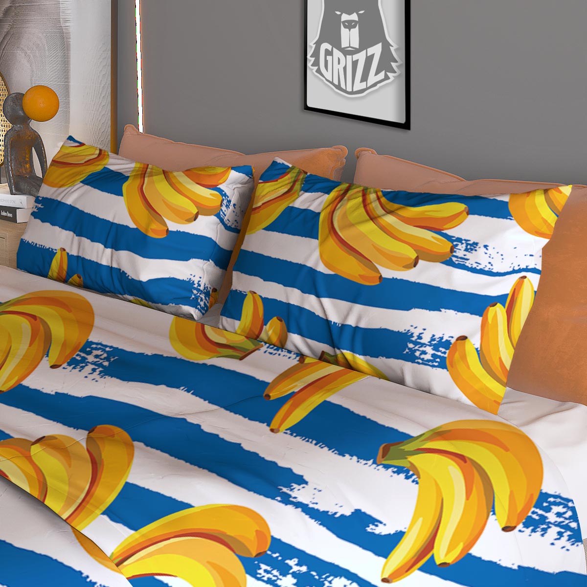 Banana Blue And White Striped Print Pattern Duvet Cover Bedding Set