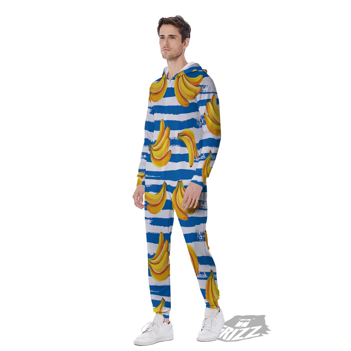 Banana Blue And White Striped Print Pattern Men's Jumpsuit-grizzshop