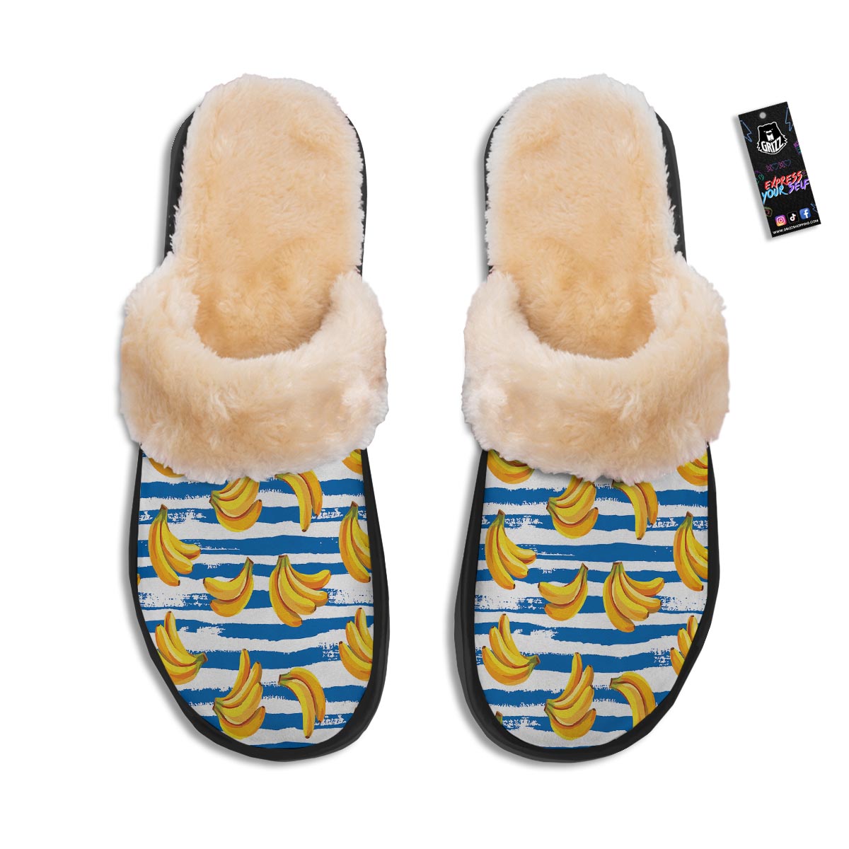 Banana Blue And White Striped Print Pattern Slippers-grizzshop