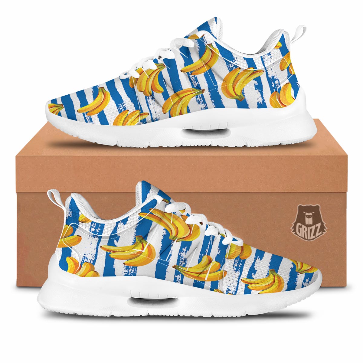 Banana Blue And White Striped Print Pattern Tennis Shoes-grizzshop