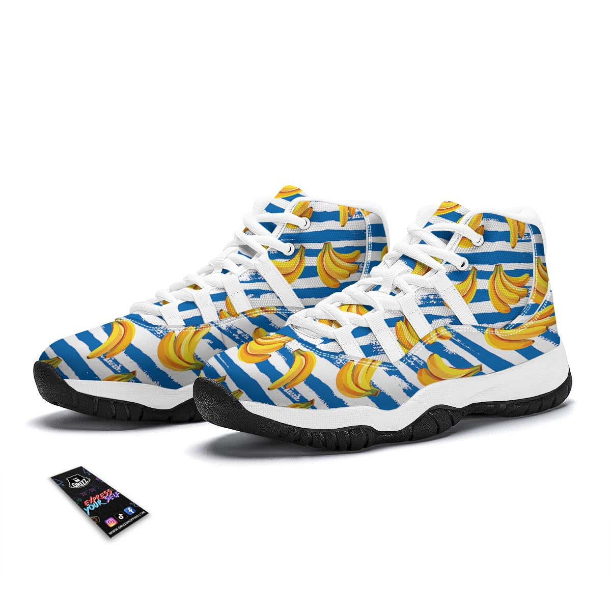 Banana Blue And White Striped Print Pattern White Bball Shoes-grizzshop