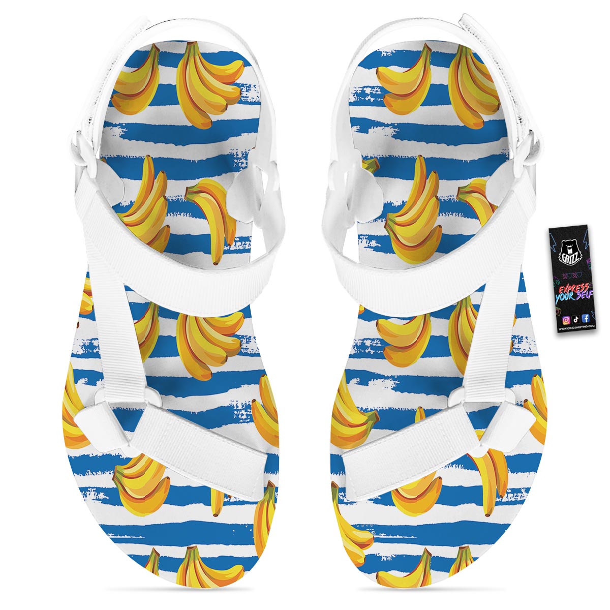 Banana Blue And White Striped Print Pattern White Open Toe Sandals-grizzshop