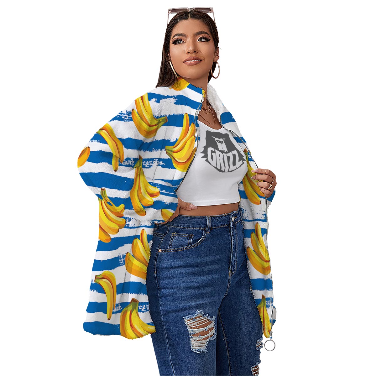 Banana Blue And White Striped Print Pattern Women's Sherpa Jacket-grizzshop