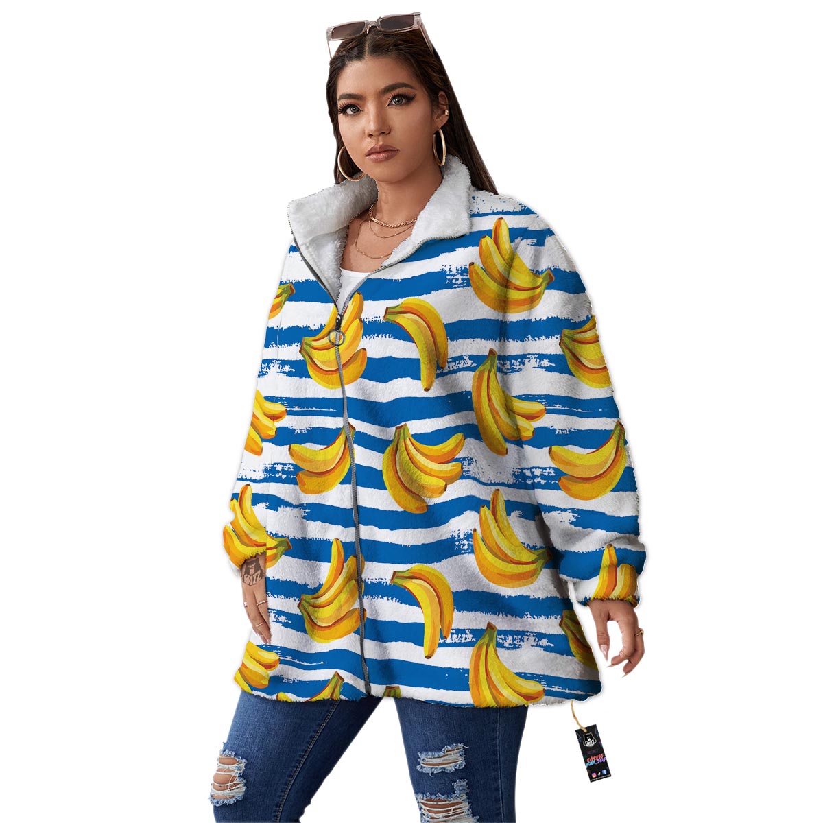 Banana Blue And White Striped Print Pattern Women's Sherpa Jacket-grizzshop