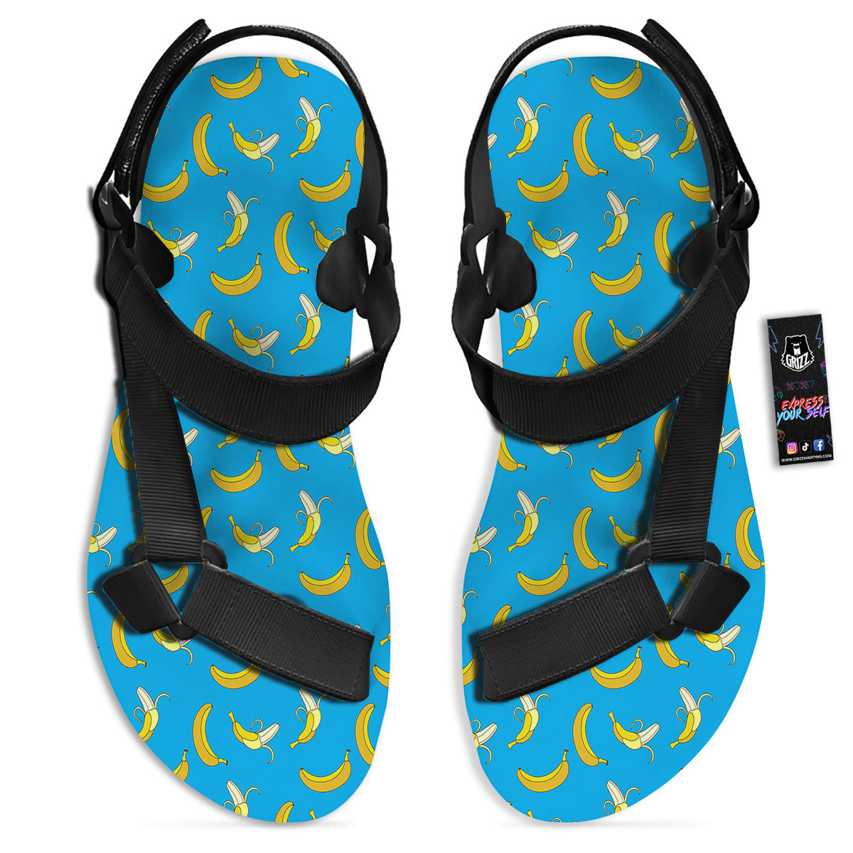 Banana Blue Print Pattern Black Open Toe Sandals-grizzshop
