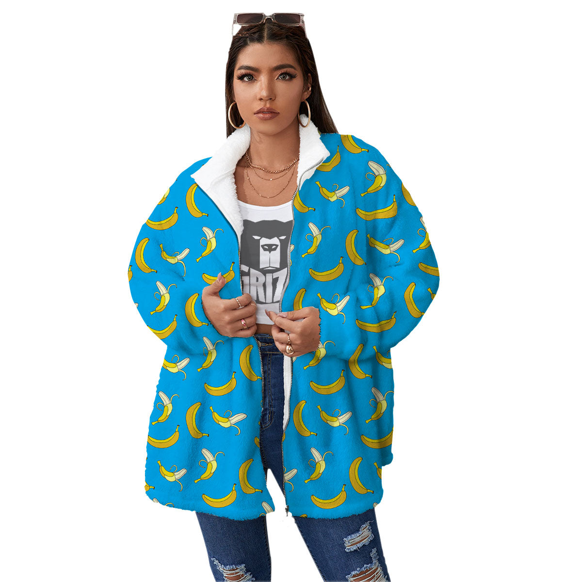 Banana Blue Print Pattern Women's Sherpa Jacket-grizzshop