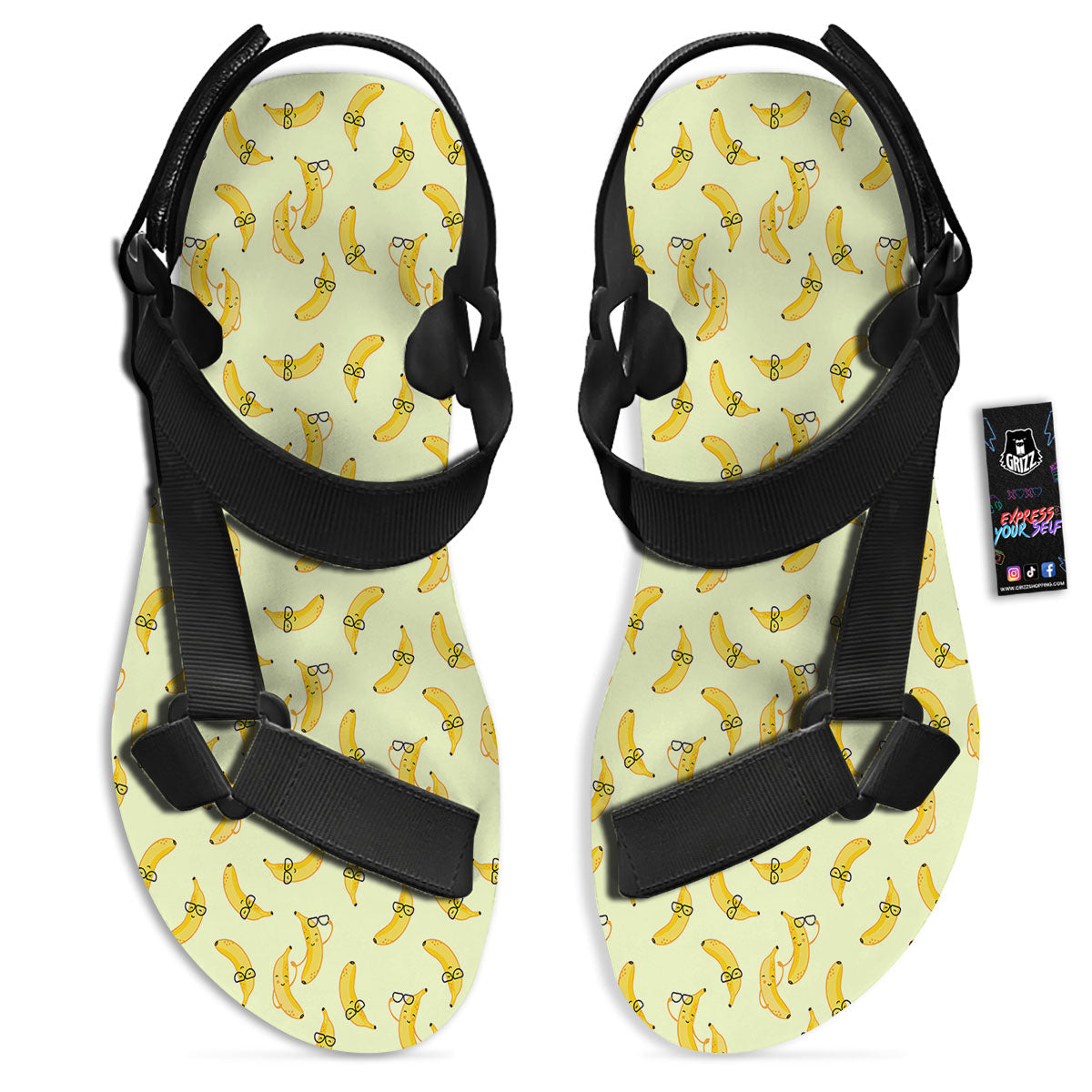 Banana Cute Print Pattern Black Open Toe Sandals-grizzshop