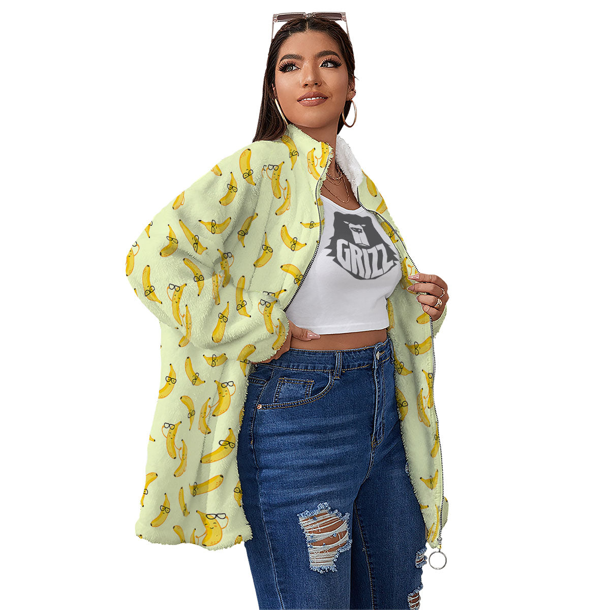 Banana Cute Print Pattern Women's Sherpa Jacket-grizzshop