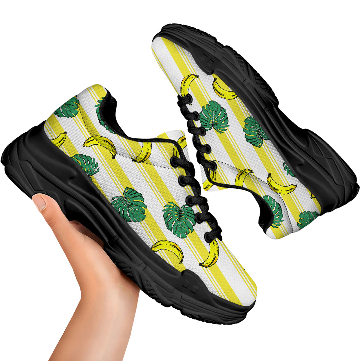 Banana Geometric Yellow Print Pattern Black Chunky Shoes-grizzshop