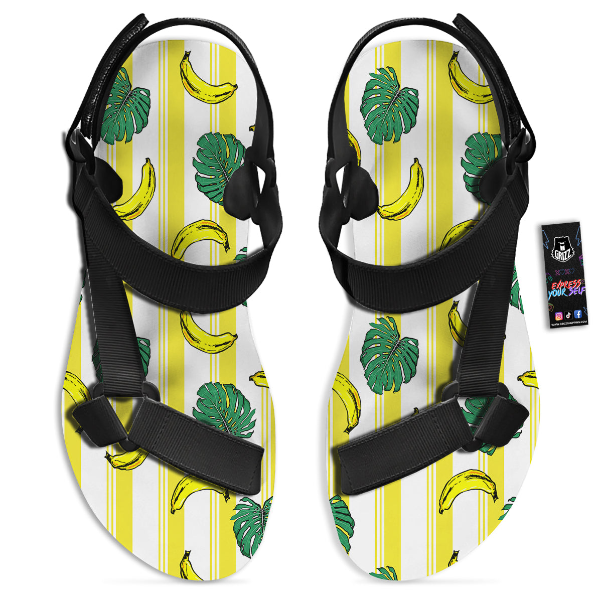 Banana Geometric Yellow Print Pattern Black Open Toe Sandals-grizzshop