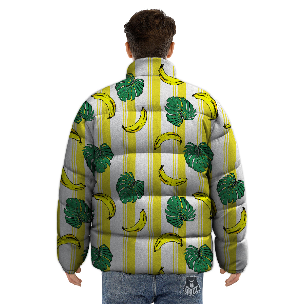 Banana Geometric Yellow Print Pattern Puffer Jacket-grizzshop