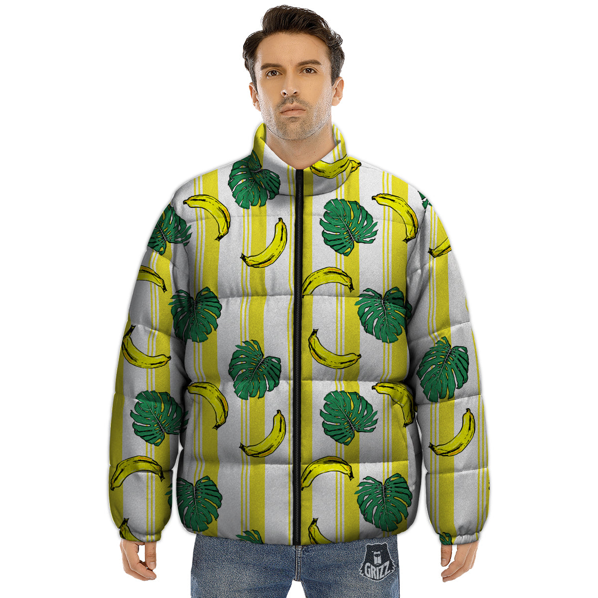 Banana Geometric Yellow Print Pattern Puffer Jacket-grizzshop